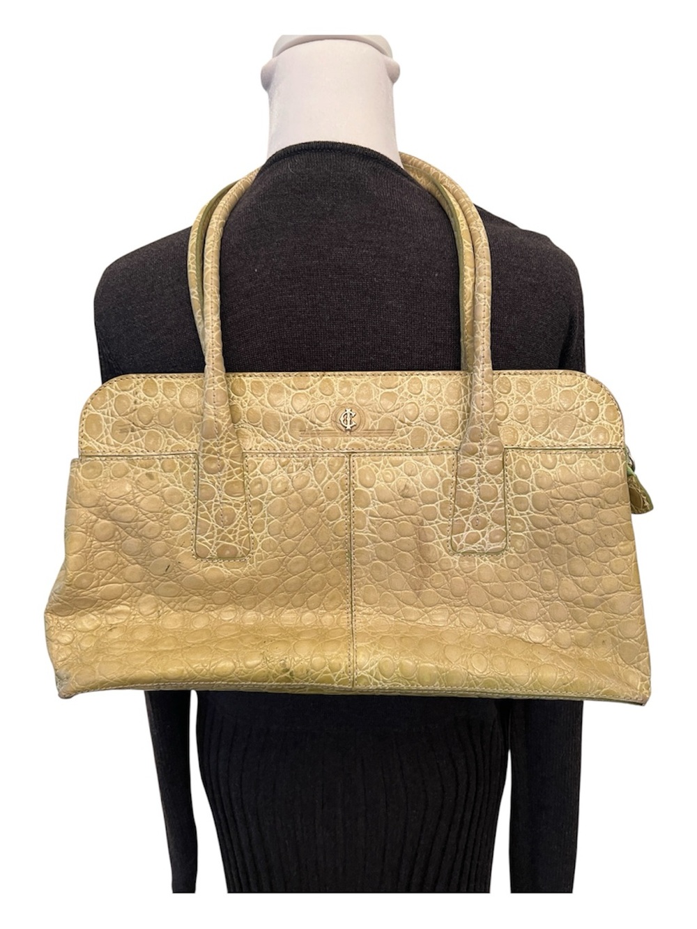 Carteras Italianas Green Croc-Embossed Leather Bag Fair Condition